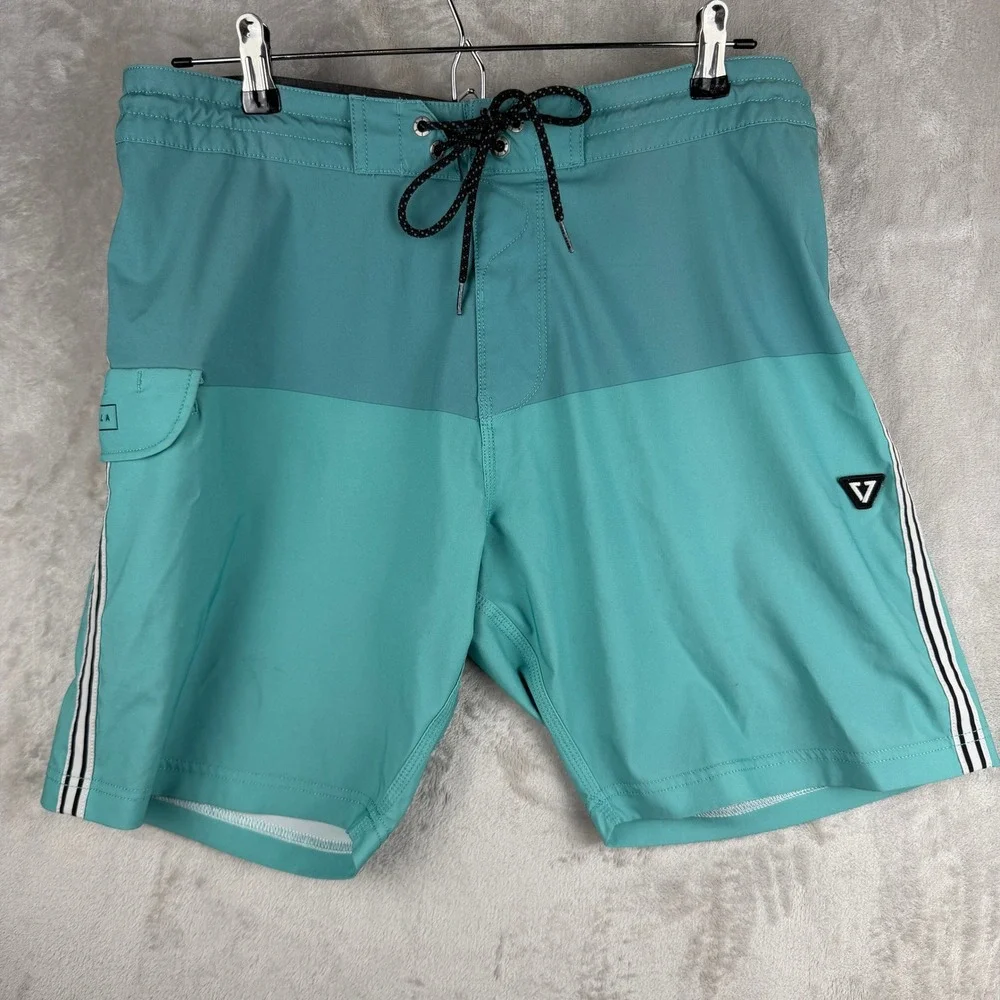 Vissla Mens Board Shorts Teal Aqua Colorblock‎ Striped Surf Trunks Size 34 600a